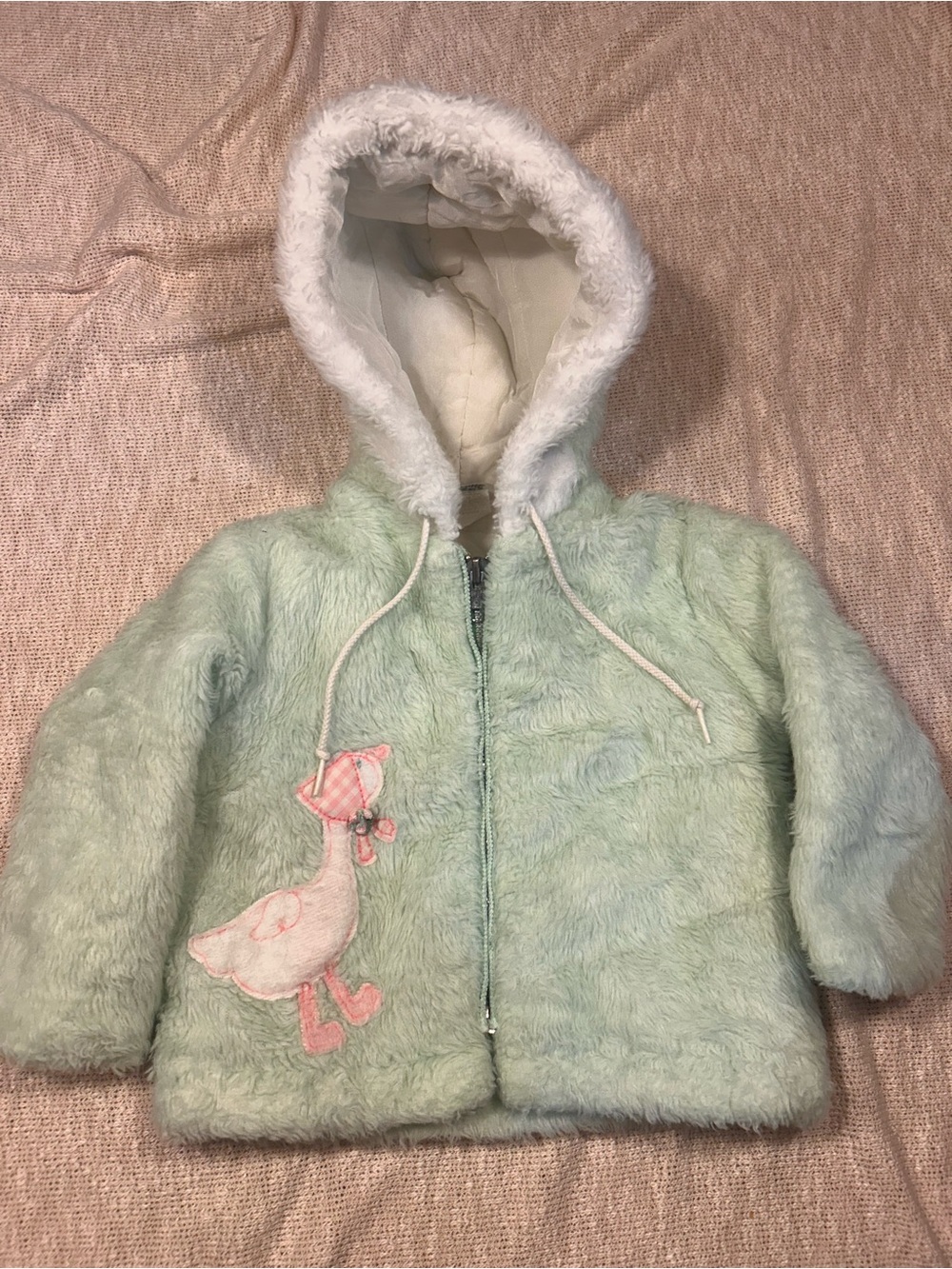 VINTAGE Mint Faux Fur Hooded Puffer Jacket with Duck Appliqué